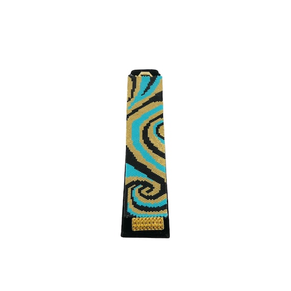 Handmade cuff bracelet - peyote stitch - seed beads in gold/black and turquoise