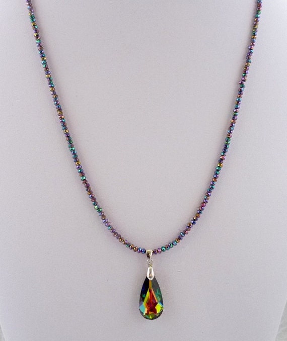 Handmade Swarovski Crystal Teardrop Pendant Necklace, Colorful Beaded Chain