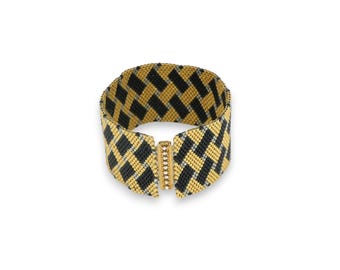 Handmade cuff bracelet in peyote stitch - gold/black/silver Miyuki seed beads