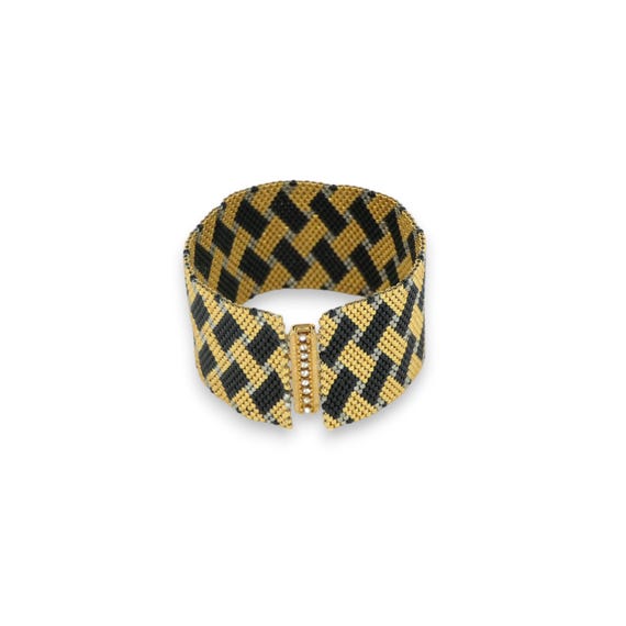Handmade cuff bracelet in peyote stitch - gold/black/silver Miyuki seed beads