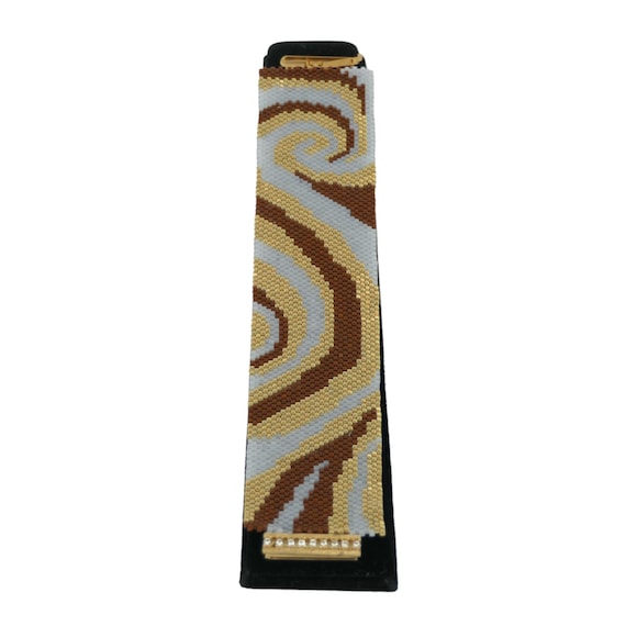 Handmade cuff bracelet - peyote stitch - seed beads in gold/brown and opaque white