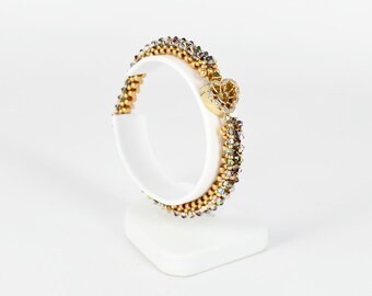 Tennis bracelet; friendship bracelet; gold metal seed beads and Swarovski 3mm bicones