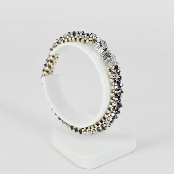 Tennis bracelet; silver metal seed beads; crystal silver night Swarovski bicones;