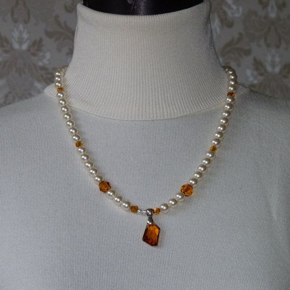 Handmade Swarovski Pearl Necklace with Cream Gold Pendant