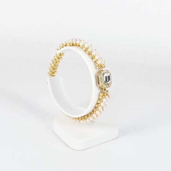 Gold Seed Bead Bracelet with Swarovski Crystals, Handmade