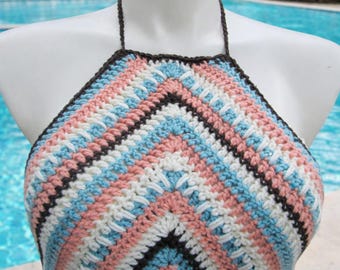 Chevron spike crocheted boho halter top, M