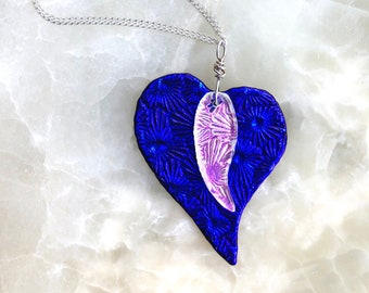 Big Love Necklace/ Layering Necklace / Ultra Violet/ Statement Necklace/ Metallic Cobalt/ Mother's Day Gift/ Bestie gift/ Hearts Feathers