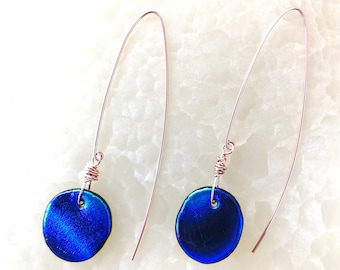 Twice In A Blue Moon Earrings / Drop Earrings/ Dangle Earrings / Coin Earrings / Metallic Blue/ Mother's Day Gift / Bestie gift/Mom gift