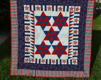 Red, White and Blue Stars Throw Quilt / Americana Quilt