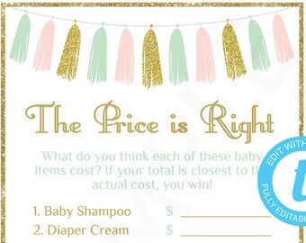 The Price is Right Baby Shower Game, Pink Mint Gold Baby Shower, Baby Shower Sign, Baby Price is Right, Girl Baby Shower, Printable, TASPMG