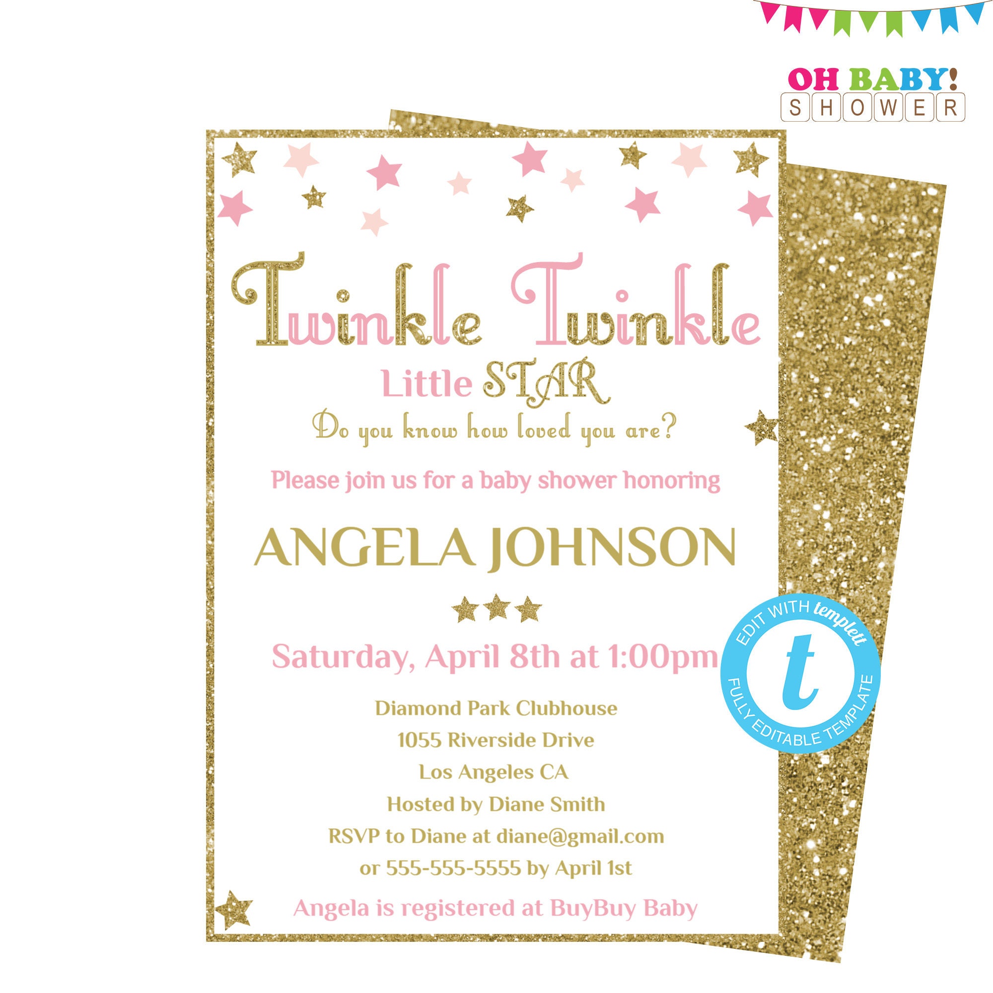 Twinkle Twinkle Little Star Baby Shower Invitation Editable Etsy Canada