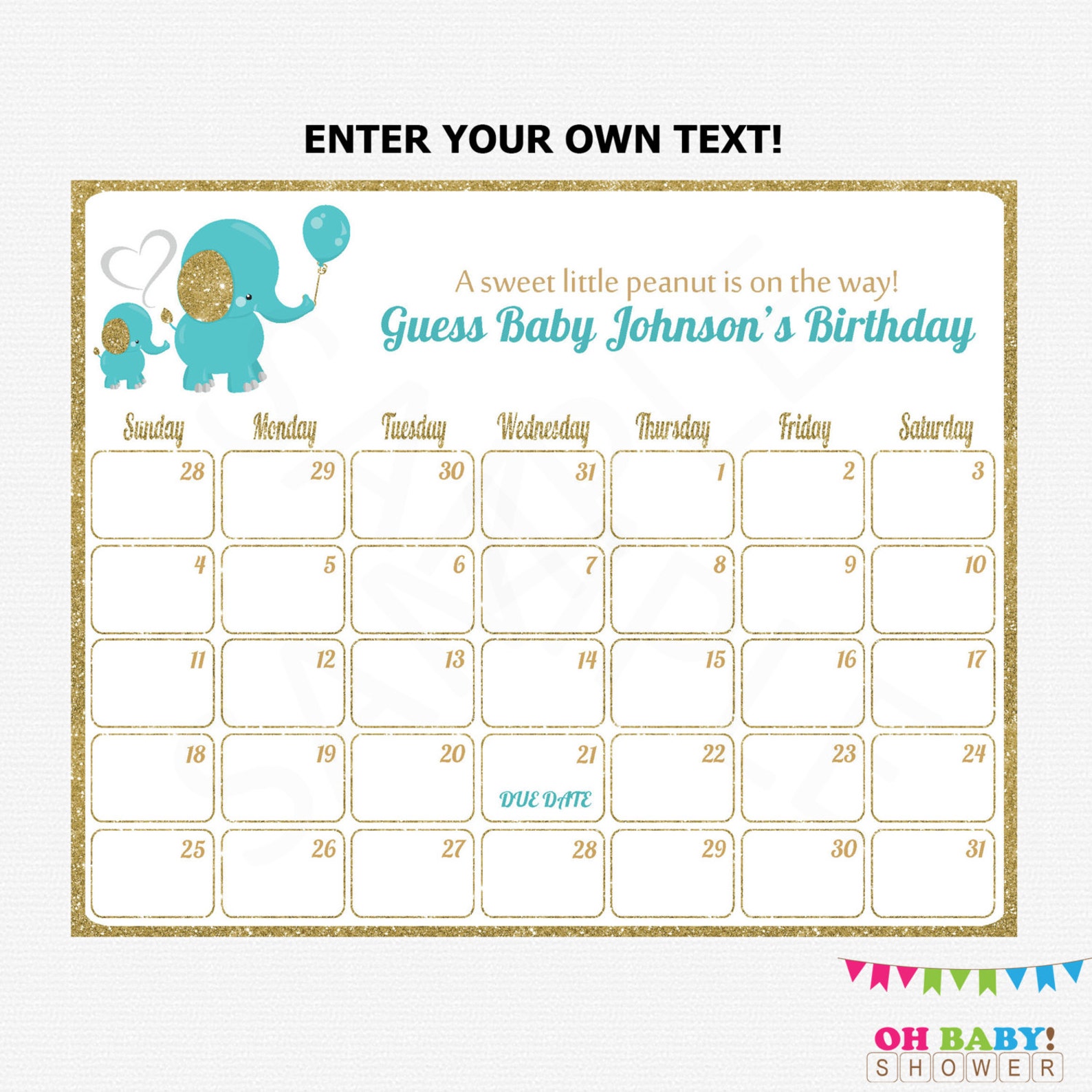 Baby Due Date Calendar Teal Gold Baby Shower Printable Etsy