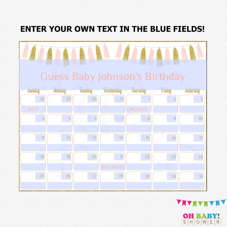 16x20 Due Date Calendar Pink and Gold Baby Shower Games Girl Editable Calendar Guess Baby/'s Birthday Printable Personalized Tassels TASPG