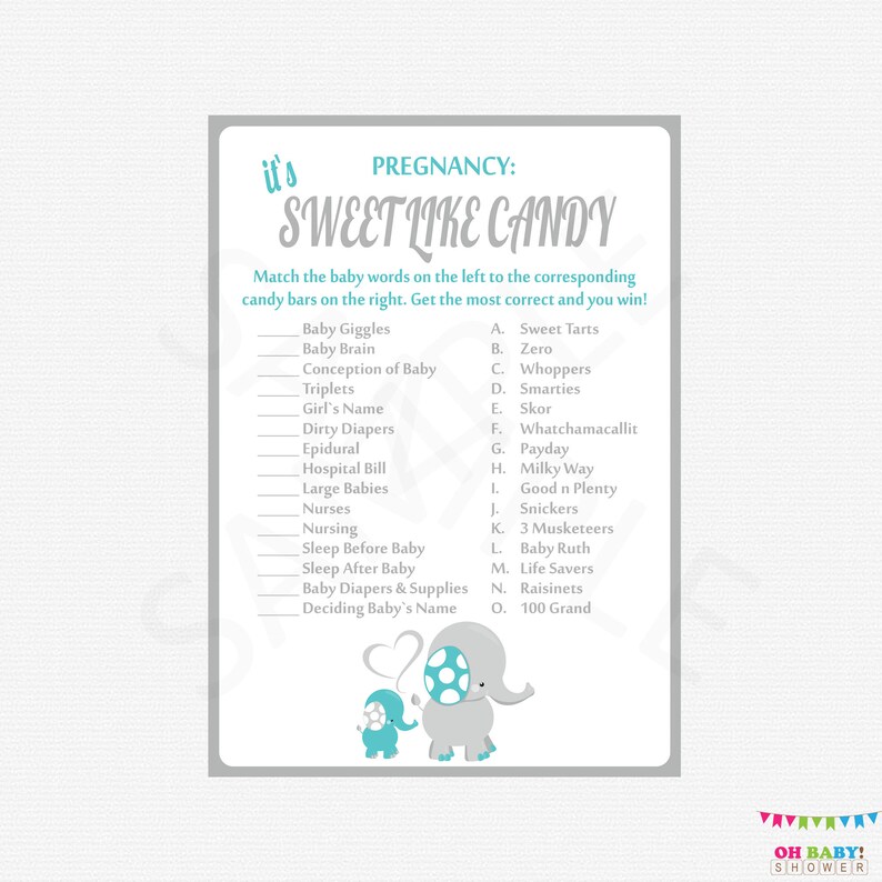 Candy Bar Baby Shower Game Teal and Grey Elephant Baby Shower Etsy Canada