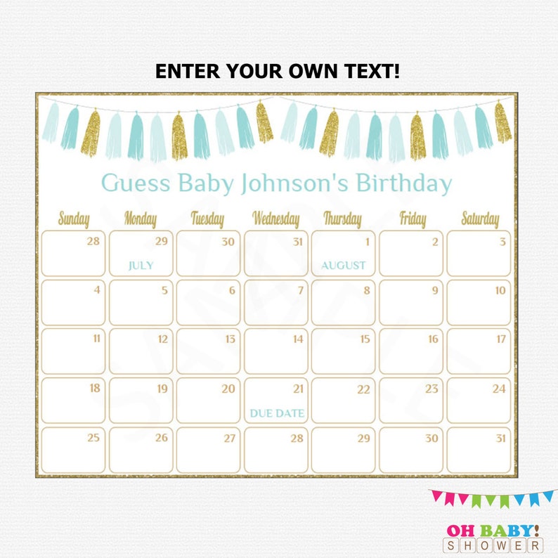 Editable Baby Due Date Calendar Blue and Gold Baby Shower Etsy