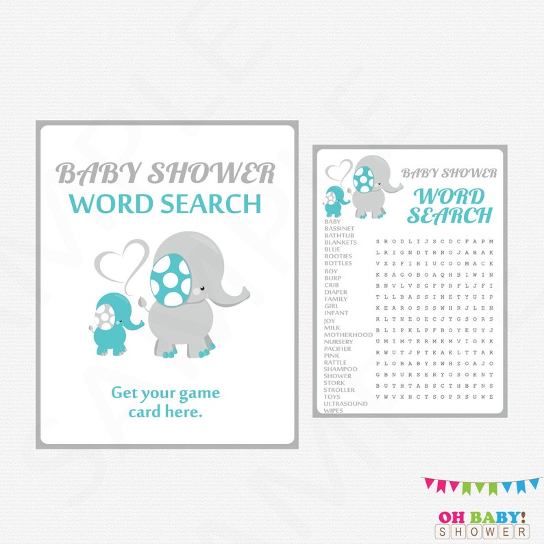 Teal Gray Elephant Baby Shower Games Word Search Game Sign Etsy