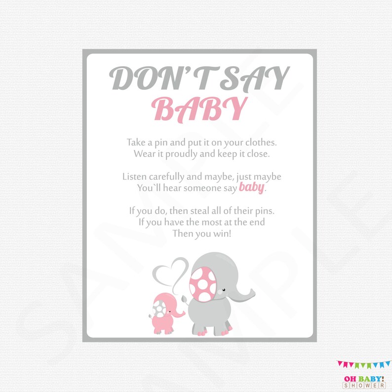 Don T Say Baby Elephant Baby Shower Printable Pink Gray Baby Shower Games Baby Shower Sign Girl Baby Shower Instant Download El0005 Lp