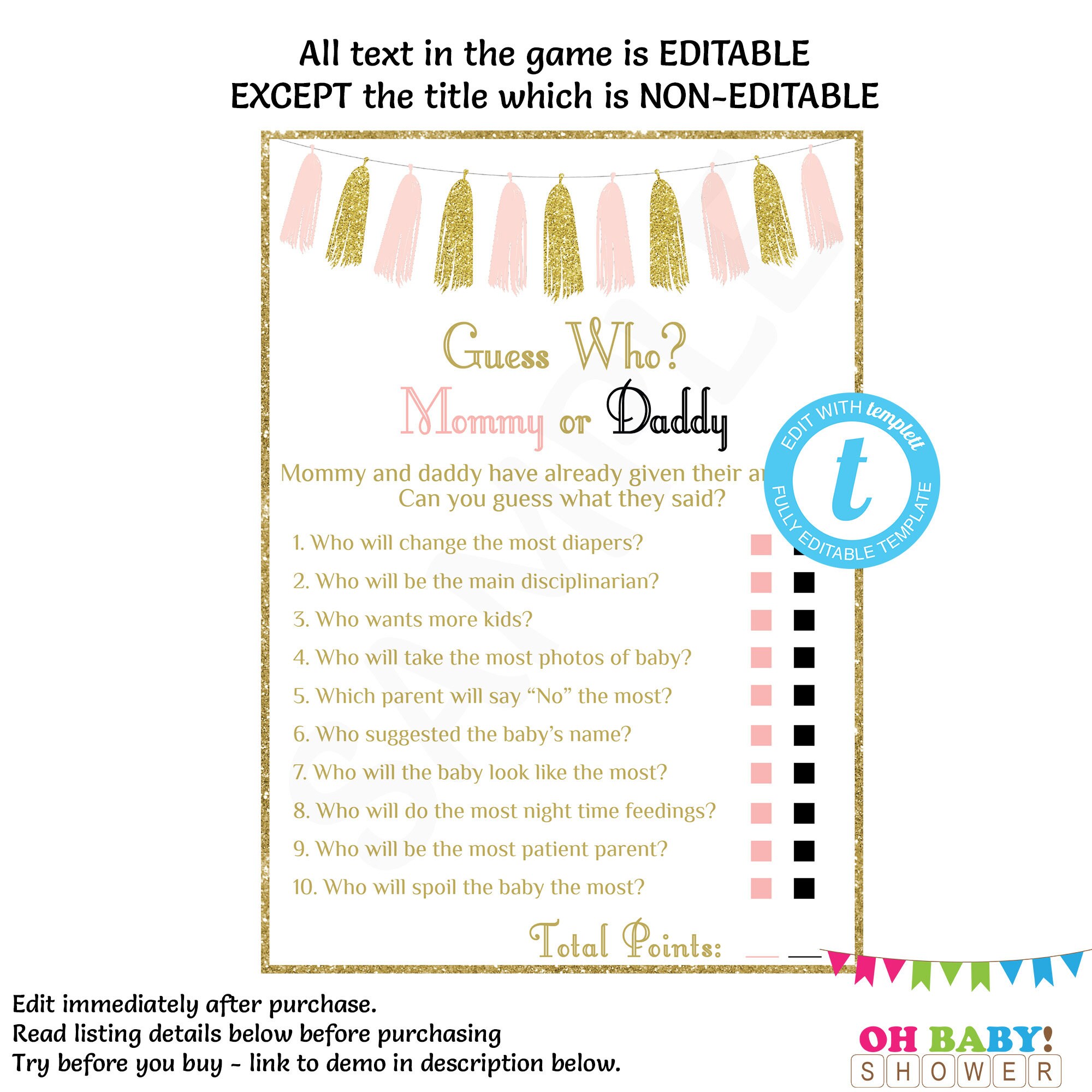 Mommy or Daddy Game He Said She Said Baby Shower Game Girl Etsy