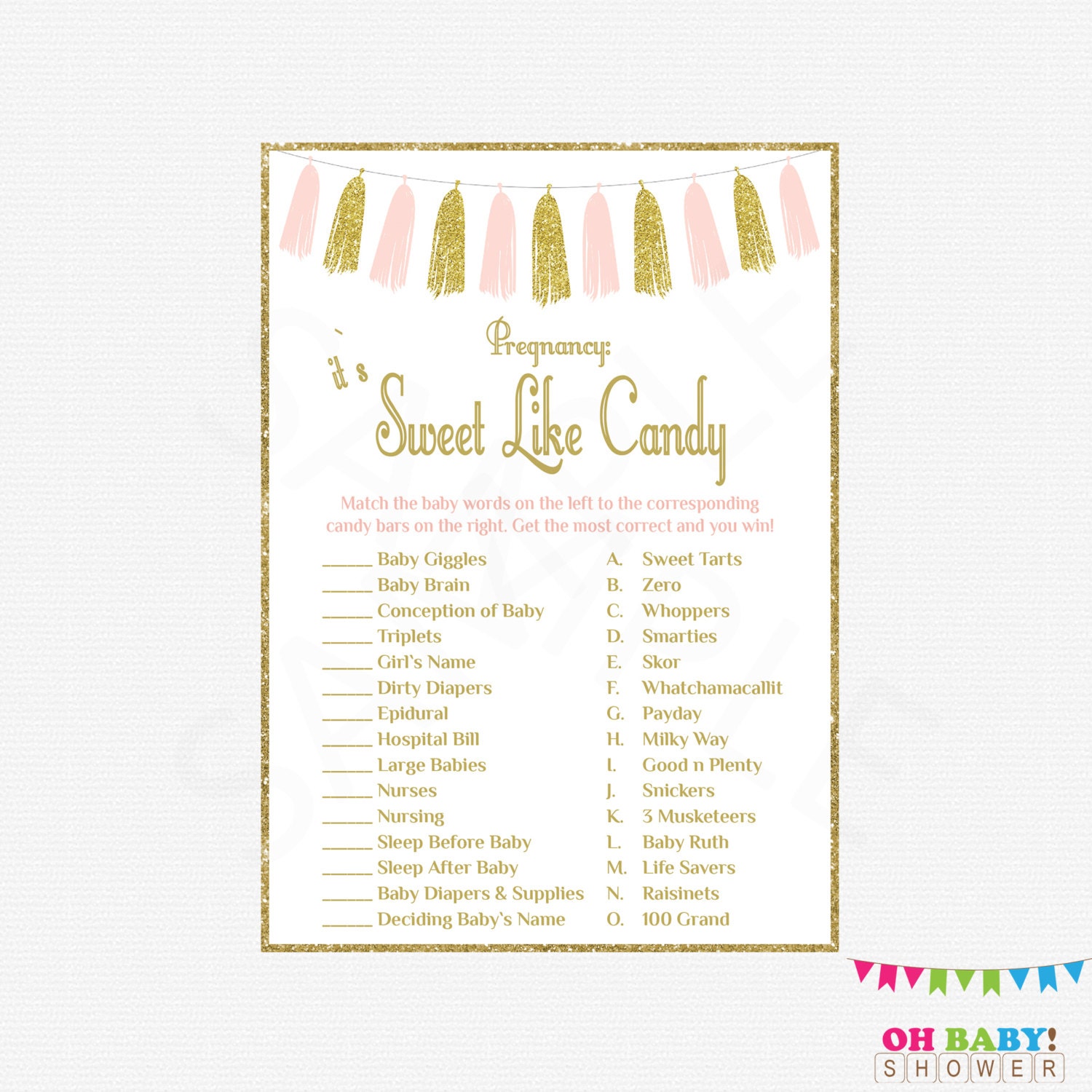 Pink Gold Baby Shower Games It's Sweet Like Candy Game - Etsy