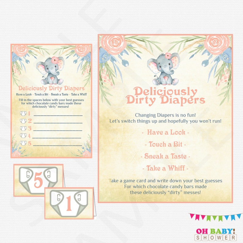 Guess The Sweet Mess Elephant Baby Shower Game Diaper Game Deliciously Dirty Diapers Game Watercolor Baby Shower Games Pink Girl Elwp
