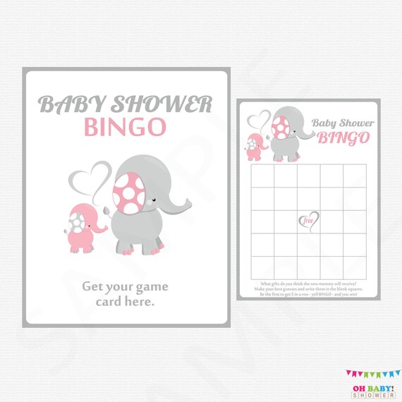 Elephant Baby Shower Games Bingo Pink Gray Elephant Baby Etsy