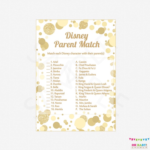 Disney Parent Match Baby Shower Game Disney Match Game Gold Etsy