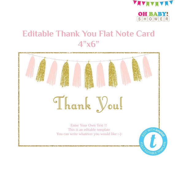 Thank you Card Template Flat Note Card Editable Card Pink Gold | Etsy