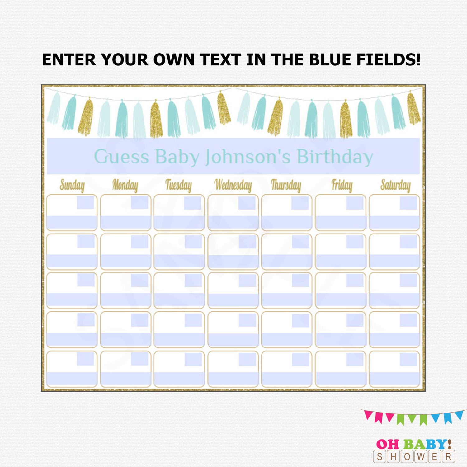 Editable Baby Due Date Calendar Blue and Gold Baby Shower Etsy Australia