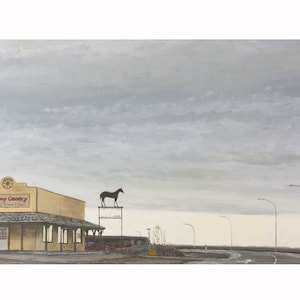 May include: A painting depicting a building with a sign reading "Cowboy Country" and a silhouette of a horse atop a pole. The building is yellow with a green roof and is situated on a road with streetlights. The sky is a light grey with clouds.
