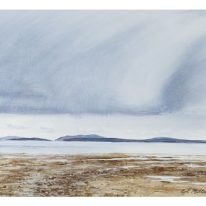May include: A watercolor painting of a seascape with a cloudy sky and a distant shoreline. The water is calm and the sand is a light brown color.