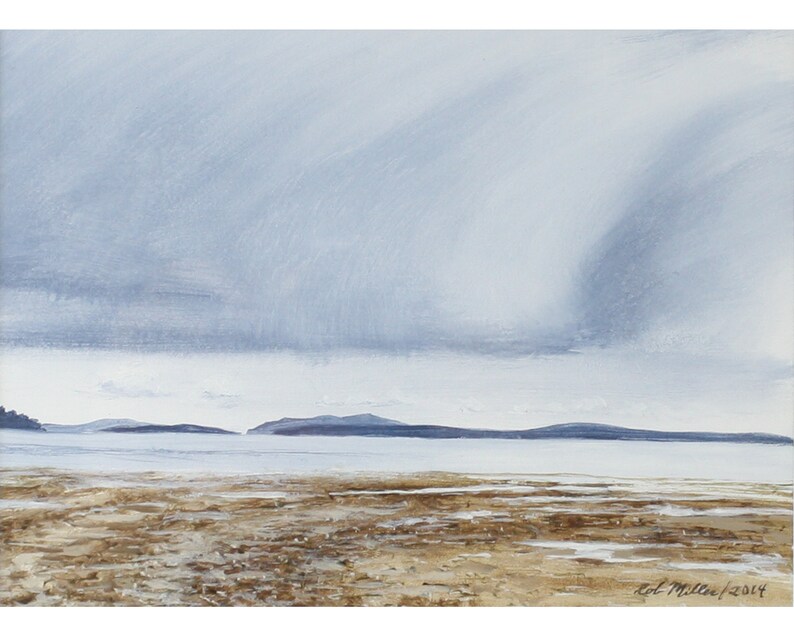 May include: A watercolor painting of a seascape with a cloudy sky and a distant shoreline. The water is calm and the sand is a light brown color.