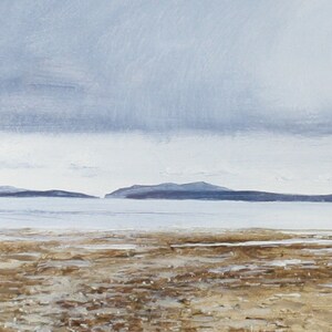 May include: A painting of a seascape with a cloudy sky and a distant shoreline. The water is a light blue and the sky is a pale gray. The shoreline is a dark brown and is covered in sand.