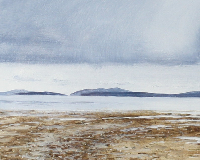 May include: A painting of a seascape with a cloudy sky and a distant shoreline. The water is a light blue and the sky is a pale gray. The shoreline is a dark brown and is covered in sand.