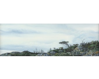 original oil painting, british columbia painting, coastal art, painting with clouds, sky painting, realism art, rob miller art, island scene