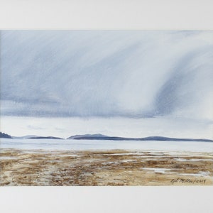 May include: A watercolor painting of a seascape with a sandy beach in the foreground and a distant island in the background. The sky is a light blue with gray clouds.