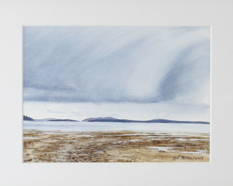 May include: A watercolor painting of a seascape with a sandy beach in the foreground and a distant island in the background. The sky is a light blue with gray clouds.