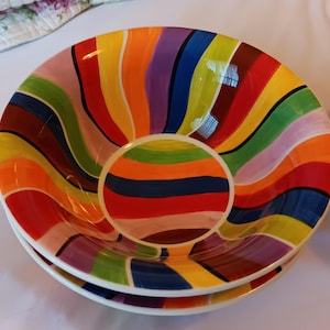 Mary Rose Young Hausenware Soup Bowl, Red Roses & Swirl Stripes