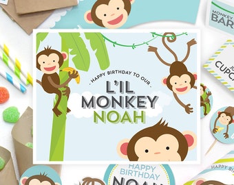 Cute Kid's Little Monkey, Curious George, George of the Jungle Birthday Party Decor, Party Decorations. Customized and downloadable PDF.
