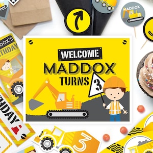 Cute Boys Diggers and Dump Trucks, Tonka truck, construction site birthday party decoration kit. Customized and downloadable PDF.
