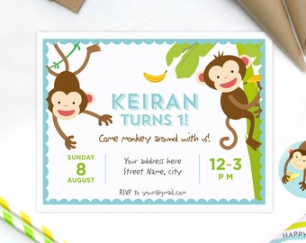 Kid's Little Monkey, Jungle, Curious George, Going Bananas  Printable Birthday Party Invitations. Customized and downloadable PDF.