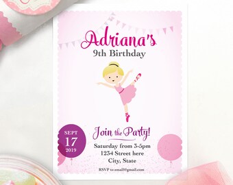 Girl's Ballerina, Dancer Birthday Party, Ballet Dancing Birthday Party Invitations. Customized and downloadable PDF.