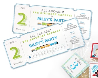 May include: Two blue and white striped train ticket invitations for a child's second birthday party. The invitations say "All Aboard! The Birthday Express for Riley's Party". The tickets have a calendar with the months of the year and a train illustration. The text "2020" and "2 Years Old" are on the tickets.