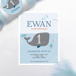 Vis, walvis, zeeleven, onder de zee, ocean kids verjaardagsfeest uitnodiging.  PDF-bestand voor verjaardagsuitnodigingskaarten.