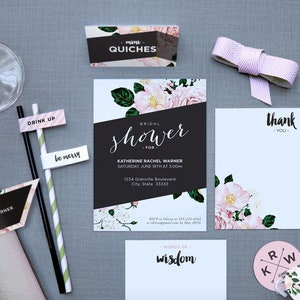 Vintage, moderne Blumen Braut, Hochzeit Dusche Einladungen, Braut Dusche Party Dekor Kit. Braut-Dusche-Plakate, Karten, Dekorationen.