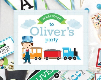 Personalized Train Birthday Decorations, Locomotive Party Kit, Printable Kids Party Decor.