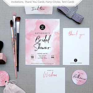 Décor de fête imprimable de douche de mariage de couleur de l'eau, décor de douche de mariage de pinceau d'artiste. Invitations, jeux, bannières, papeterie.