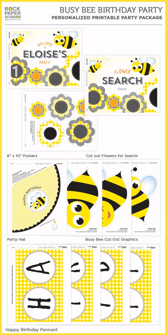 Printable Kid's Bumble Bee Birthday Party Decorations, Honey Bee