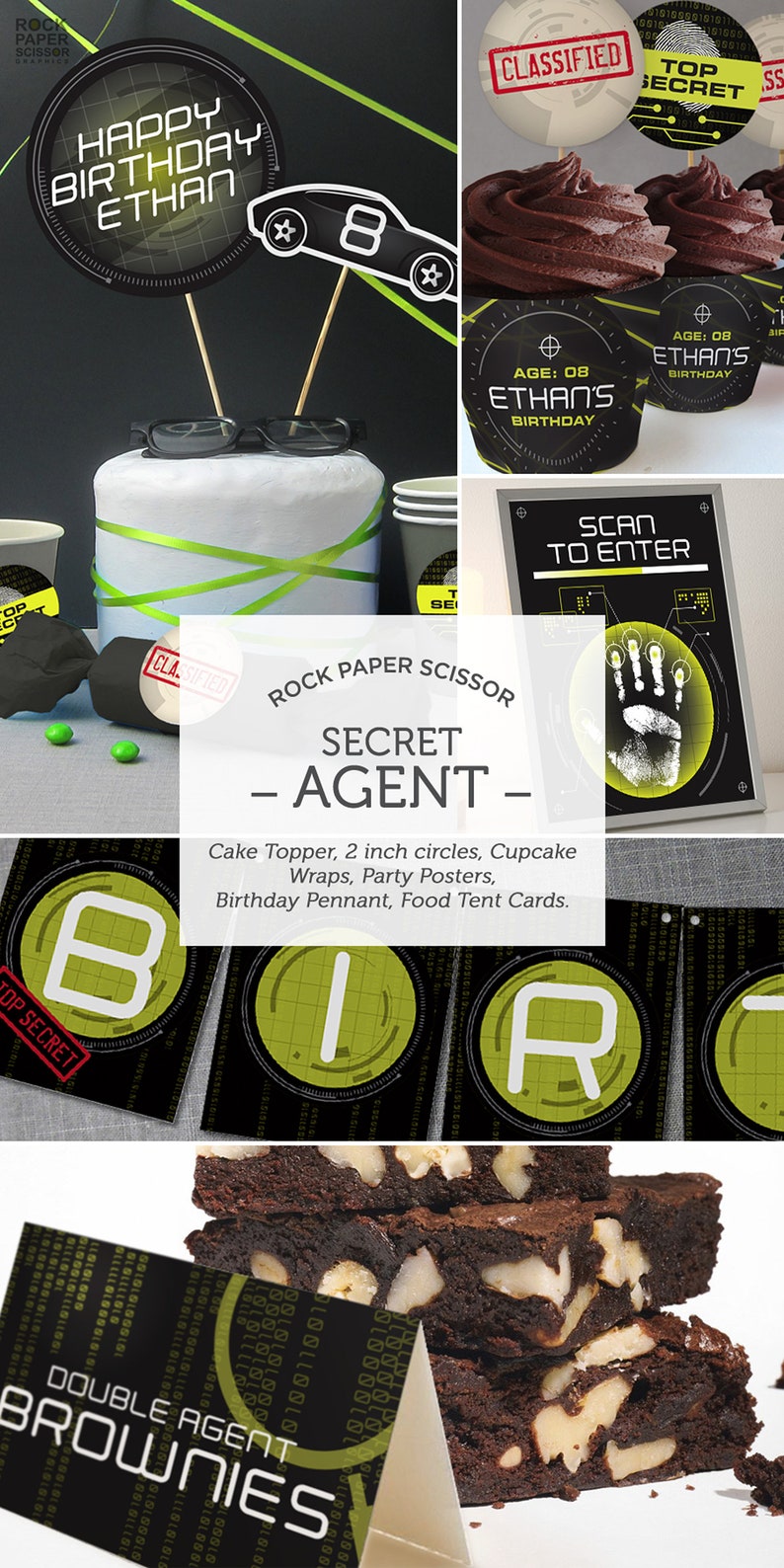 Kid's Spy, Secret Agent, Espionage, Mission Impossible, Detective Birthday Party Kit, decorations. Customized and downloadable PDF. image 2