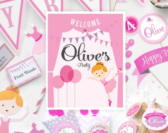 Girl's Ballerina, dance Birthday Party. Ballerina Theme, Pink Purple, Ballet Dancing Birthday Decorations. Customized and downloadable PDF.
