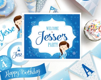 Kit de decoración para fiesta de princesa de Frozen, azul o rosa, Elsa. Descarga digital. Kit imprimible completo.